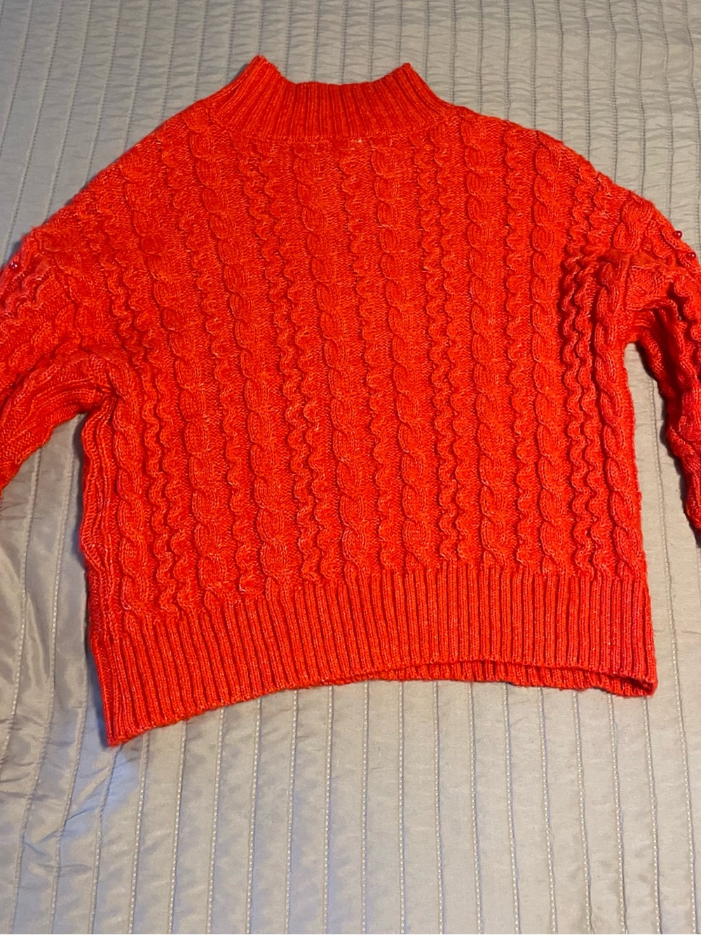 Crown & Ivy Red Cable Knit Pearl Beaded Sweater Small Mock Neck Cozy Winter - Picture 2 of 4